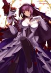  1girl bare_shoulders blush breasts cleavage commentary_request dress fate/grand_order fate_(series) gae_bolg_(fate) highres large_breasts long_hair narukamikagerou pantyhose partial_commentary polearm purple_hair red_eyes scathach_(fate) solo spear veil weapon 