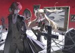  1boy 1girl absurdres back_bow black_bow black_coat black_dress black_thighhighs blonde_hair bow brown_eyes cigarette coat cross dress grey_pants grey_vest hair_between_eyes hair_bow highres index_finger_raised juliet_sleeves key lapels lauren_iroas long_hair long_sleeves nijisanji open_clothes open_coat original pants picture_frame piyoyono_sekai puffy_sleeves red_hair ribbed_sweater shirt sitting sleeve_cuffs striped_bow striped_clothes striped_dress sweater thighhighs tsurime turtleneck turtleneck_sweater two_side_up vertical-striped_bow vertical-striped_clothes vertical-striped_dress vest virtual_youtuber white_shirt 