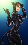  ass blue_background blue_eyes bodysuit breasts catwoman cowboy_shot dc_comics gloves goggles goggles_on_head lips parted_lips sketch solo tail take_(draghignazzo) 
