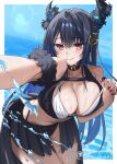  1girl absurdres alternate_costume artist_name asymmetrical_horns bikini_tug black_hair black_horns blue_hair blush breasts cleavage colored_inner_hair commentary demon_horns english_commentary hair_ornament highres hololive hololive_english horns large_breasts long_hair looking_at_viewer mizuhasi mole mole_under_eye multicolored_hair navel nerissa_ravencroft red_eyes smile solo sweat twitter_username two-tone_hair uneven_horns very_long_hair virtual_youtuber 
