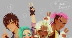  2boys 2girls aqua_eyes aqua_hair arm_up arslan_altan bandaged_hand bandages black_gloves blonde_hair blush bolin_hori brown_gloves brown_hair countdown_illustration dark-skinned_female dark-skinned_male dark_skin dated english_text erin_winn eyebrow_cut eyelashes facepaint fingerless_gloves gloves green_eyes grey_background height_difference index_finger_raised lips mouth_out_of_frame multicolored_hair multiple_boys multiple_girls nadir_shiko o3o one_eye_closed pink_hair ponytail promotional_art reese_chloris rwby short_hair short_ponytail signature simple_background speech_bubble third-party_source two-tone_hair undercut v war_paint white_gloves yellow_eyes 