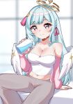  1girl bare_shoulders blue_hair blurry blurry_background blush bottle breasts cleavage closed_mouth collarbone commentary_request eyelashes feathered_wings fingernails grey_eyes grey_pants hair_ribbon halo highres holding holding_bottle indie_virtual_youtuber jacket long_hair long_sleeves midriff mixed-language_commentary nail_polish navel off_shoulder open_clothes open_jacket pants pink_jacket pink_nails pink_ribbon ribbon second-party_source sensai_tsuina sitting smile solo sweat tank_top valella_moon virtual_youtuber water water_bottle white_tank_top wings yellow_halo 