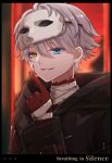  1boy black_hoodie blue_eyes commentary_request gloves grey_hair hair_between_eyes heterochromia hood hood_down hoodie long_sleeves male_focus mask mask_on_head official_alternate_costume parted_lips red_gloves reverse:1999 shinjou_(rinao2) short_hair solo upper_body x_(breathing_in_silence)_(reverse:1999) x_(reverse:1999) yellow_eyes 