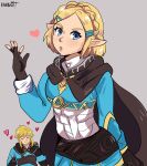  1boy 1girl :o alternate_hair_length_(shorter) aroused_nosebleed artist_name blonde_hair blood blue_eyes brown_cape brown_gloves cape commentary drooling english_commentary eyelashes gloves grey_background hair_ornament hairclip heart highres karbuitt link long_sleeves mouth_drool nosebleed official_alternate_hairstyle open_mouth partially_fingerless_gloves pointy_ears princess_zelda signature simple_background smile solo_focus the_legend_of_zelda the_legend_of_zelda:_tears_of_the_kingdom thumbs_up 