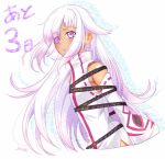  1girl artist_name commentary_request countdown dark-skinned_female dark_skin dress hair_between_eyes hair_over_one_eye kyoto_xanadu long_hair open_mouth purple_eyes purple_hair rurui_(kyoto_xanadu) simple_background white_dress xiacheng_tatsuya 