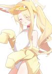 1girl :p absurdres animal_ear_fluff animal_ears bare_legs bare_shoulders blonde_hair blue_archive blush_stickers bright_pupils choker closed_mouth clothing_cutout collarbone commentary cowboy_shot cross_halo diamond_cutout extra_ears eyes_visible_through_hair flat_chest fox_ears fox_girl hair_over_one_eye halo highleg highleg_one-piece_swimsuit highres jacket legs_together long_hair long_sleeves looking_at_viewer no_eyewear off_shoulder official_alternate_costume official_alternate_hairstyle one-piece_swimsuit pink_eyes ponytail raised_eyebrows red_choker seia_(blue_archive) seia_(swimsuit)_(blue_archive) side_ponytail simple_background sleeves_past_fingers sleeves_past_wrists smile solo standing swimsuit thighs tongue tongue_out u_kome visor_cap white_background white_one-piece_swimsuit white_pupils yellow_halo yellow_jacket yellow_visor_cap 