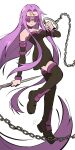  1girl bare_shoulders black_boots black_sleeves blindfold boots breasts cleavage closed_mouth collar commentary curtained_hair detached_sleeves dot_nose dress facial_mark fate/stay_night fate_(series) forehead_mark hand_up highres holding holding_weapon knee_up long_hair long_sidelocks medusa_(fate) medusa_(rider)_(fate) nameless_dagger_(fate) purple_collar purple_hair purple_trim rizwan_rafiq sidelocks signature simple_background solo strapless strapless_dress thigh_boots tube_dress very_long_hair very_long_sidelocks weapon white_background zettai_ryouiki 