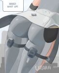  1girl absurdres artist_name ass ass_focus clothing_cutout elbow_gloves english_text from_behind gloves highres latex latex_pants pants seed_(zenless_zone_zero) side_cutout solo speech_bubble suit thigh_cutout thighs urara_chan white_gloves white_suit zenless_zone_zero 