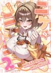  1girl absurdres ahoge anis_(nikke) anis_(star)_(t.t._star)_(nikke) blush breasts brown_hair cat_ornament commentary_request crop_top cropped_shirt finger_heart goddess_of_victory:_nikke highres holding holding_microphone idol jacket jewelry large_breasts looking_at_viewer microphone navel necktie o-los official_alternate_costume open_mouth plaid_clothes plaid_necktie shirt short_hair skirt smile star_(symbol) teeth white_shirt yellow_necktie yellow_skirt 