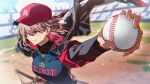  1girl absurdres alternate_costume ball baseball_cap baseball_field baseball_stadium baseball_uniform black_jacket black_undershirt blue_shirt blurry blurry_background braid breasts brown_hair closed_mouth commentary_request day earrings furen_e_lustario hat highres holding holding_ball jacket jacket_on_shoulders jewelry kougi_hiroshi medium_breasts medium_hair nijisanji nijisanji_koshien outdoors red_eyes red_hair red_hat sheath sheathed shirt short_sleeves single_earring smile solo sportswear striped_clothes striped_jacket sword upper_body virtual_youtuber weapon 