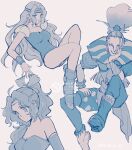  1boy 2girls armor bare_shoulders boots breasts celes_chere circlet cleavage clown_makeup commentary_request detached_sleeves final_fantasy final_fantasy_vi full_body hair_ribbon head_on_hand headband highres ika_okura_66 invisible_chair kefka_palazzo leotard long_hair medium_breasts monochrome multiple_girls parted_lips ponytail ribbon shoulder_armor sitting terra_branford upper_body 