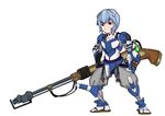  adapted_costume antique_firearm armor arquebus ayanami_rei blue_hair eva_00 firearm gun hair_ornament hashibami_arata highres japanese_armor mixed_media neon_genesis_evangelion red_eyes sandals tabi weapon 