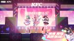  3girls angels_of_delusion aria_(human)_(zenless_zone_zero) aria_(zenless_zone_zero) bangboo_(zenless_zone_zero) bare_shoulders black_gloves black_hair black_shoes boots bow bow_legwear chinese_commentary closed_mouth commentary_request detached_sleeves fingerless_gloves full_body gloves green_hair hair_ornament halo heart heart_hands highres kfc knee_boots leg_warmers long_sleeves multicolored_hair multiple_girls nangong_yu official_art one_eye_closed parted_lips pink_boots pink_hair red_bow shoes single_thighhigh smile socks stage stage_lights standing standing_on_one_leg striped_leg_warmers sunna_(zenless_zone_zero) thighhighs white_boots white_socks white_thighhighs zenless_zone_zero 