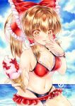  1girl alternate_costume beach bikini black_bikini blue_sky blush bow breasts brown_eyes brown_hair cloud commentary day food food_on_body food_on_breasts frilled_bikini frilled_bow frilled_hair_tubes frills hair_between_eyes hair_bow hair_tubes hakurei_reimu highres holding holding_ice_cream_cone ice_cream ice_cream_cone long_hair looking_at_viewer navel nekofish666 ocean open_mouth outdoors red_bikini red_bow sky smile solo stomach swimsuit touhou water watermark 