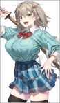  1girl :d arm_up asymmetrical_sleeves binbougami_ga! black_border black_thighhighs blue_shirt blue_skirt border bow breasts brown_hair collared_shirt commentary_request contrast_collar dress_shirt green_eyes hair_between_eyes hair_ornament hairclip highres holding holding_sword holding_weapon kei_(soundcross) large_breasts long_sleeves looking_at_viewer open_mouth plaid_clothes plaid_skirt pleated_skirt red_bow sakura_ichiko shinai shirt short_sleeves simple_background skindentation skirt smile solo sword thighhighs v-shaped_eyebrows weapon white_background 