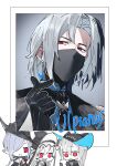  1boy 3girls absurdres aqua_hat arknights ascot black_ascot black_gloves black_hat black_jacket character_name chibi commentary_request finger_heart gladiia_(arknights) gloves grey_hair hair_over_one_eye hat highres jacket long_hair looking_at_viewer mask medium_hair mouth_mask multiple_girls photo_(object) pointy_ears red_eyes sharp_teeth skadi_(arknights) specter_(arknights) specter_the_unchained_(arknights) teeth tricorne two-sided_fabric two-sided_headwear ulpianus_(arknights) yakota_(usuk-yako) 