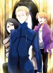  black_eyes black_hair blonde_hair book closed_eyes fate/zero fate_(series) jacket kayneth_el-melloi_archibald male_focus multiple_boys nogi_(acclima) orange_hair purple_jacket uryuu_ryuunosuke waver_velvet 