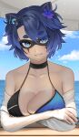  1girl animal_ears bikini black_bikini blue_bikini blue_eyes blue_hair blue_sky breasts cleavage commentary eye_mask eyeball_hair_ornament flower hair_flower hair_ornament indie_virtual_youtuber large_breasts looking_at_viewer mask multicolored_bikini outdoors raccoon_ears raccoon_girl shio_bd short_eyebrows short_hair skull_hair_ornament sky snuffy_(vtuber) solo swimsuit two-tone_bikini untranslatable_commentary virtual_youtuber water white_sleeves x_hair_ornament 