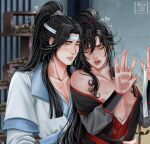  2boys against_glass aged_down anal androgynous artist_name bare_pectorals bare_shoulders bishounen black_hair black_hanfu blue_sash blurry blurry_background blush bottomyllz chinese_clothes closed_eyes collarbone commentary english_commentary eyelashes fangs grandmaster_of_demonic_cultivation grey_shirt hair_ribbon hanfu headband heart hickey high_ponytail highres implied_sex indoors lan_wangji long_hair long_sleeves looking_at_another male_focus multiple_boys nipple_slip nipples off_shoulder official_alternate_costume open_clothes open_mouth out-of-frame_censoring out_of_frame parted_lips pectoral_cleavage pectorals ponytail realistic red_ribbon red_sash ribbon robe sash sex sex_from_behind shirt standing standing_doggystyle standing_sex sweat trembling upper_body wei_wuxian wei_wuxian_(yunmeng_clan) white_hanfu white_headband xiao_guan_(headdress) yaoi yellow_eyes 