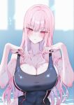  1girl bare_shoulders black_nails black_one-piece_swimsuit blue_one-piece_swimsuit blush breasts cleavage closed_mouth collarbone commentary competition_swimsuit expressionless eyelashes fingernails highres holding_strap hololive hololive_english kamiya_maneki large_breasts long_hair looking_at_viewer mori_calliope nail_polish one-piece_swimsuit pink_eyes pink_hair pink_lips red_one-piece_swimsuit solo swimsuit untranslatable_commentary virtual_youtuber water wet wet_hair 