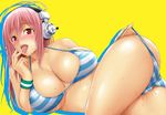  adjusting_clothes adjusting_swimsuit bikini blush breasts cleavage fingernails headphones large_breasts long_fingernails long_hair looking_at_viewer lying mikemono_yuu nitroplus on_side pink_hair red_eyes shiny shiny_skin solo striped striped_bikini super_sonico sweat swimsuit tongue wet yellow_background 