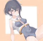  1girl asymmetrical_hair black_one-piece_swimsuit breasts brown_eyes brown_neckerchief commentary_request covered_navel highres i-13_(kancolle) kantai_collection kazemiyanaka_(22_706) neckerchief old_school_swimsuit one-hour_drawing_challenge one-piece_swimsuit sailor_collar sailor_shirt school_swimsuit shirt short_hair sitting sleeveless sleeveless_shirt small_breasts solo swimsuit two-tone_background white_sailor_collar 