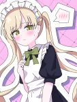  1girl absurdres alternate_costume apron black_dress blonde_hair bow closed_mouth collared_shirt commentary_request contrast_collar dress frilled_apron frilled_headwear frills green_bow green_eyes highres lee0fld long_hair looking_at_viewer mahou_shoujo_no_majo_saiban maid maid_headdress pink_background shirt solo spoken_blush tono_hanna twintails upper_body white_headdress 