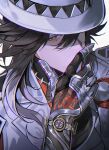  1boy absurdres arm_tattoo ashveil_(honkai:_star_rail) black_hair bracelet bright_pupils claw_ring commentary_request duyong030 fedora gradient_hair grey_eyes hand_on_own_face hat highres honkai:_star_rail honkai_(series) jacket jewelry korean_commentary lapel_pin lapels long_hair looking_at_viewer lower_eyelashes_only male_focus multicolored_hair necklace partially_shaded_face prosthesis prosthetic_arm strap tattoo upper_body white_background 
