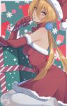  1girl alisa_southerncross bare_shoulders belt blonde_hair blue_eyes border box breasts candy candy_cane christmas commentary dress elbow_gloves english_commentary food from_side fur-trimmed_dress fur-trimmed_headwear fur_trim gift gift_box gloves hair_between_eyes hat heterochromia highres holding holding_food keroro_gunsou large_breasts long_hair looking_at_viewer low_twintails ozzyart_0221 paid_reward_available pantyhose red_dress red_eyes red_gloves red_hat santa_costume santa_dress santa_hat signature sitting snowflakes solo strapless strapless_dress thighs twintails very_long_hair white_border white_pantyhose 