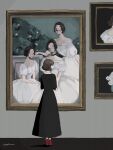  black_choker black_dress black_hair brown_hair choker commentary dress flower full_body gghost0627 grey_background highres long_dress multiple_girls off-shoulder_dress off_shoulder original painting_(object) picture_frame portrait_(object) puffy_sleeves rose short_hair short_sleeves signature sitting standing white_dress white_flower white_rose 