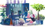  1girl akaika_(aka) arm_warmers bag bandaid bandaid_hair_ornament bangboo_(zenless_zone_zero) black_skirt closed_eyes commentary_request flower_shop fur-trimmed_skirt fur_trim green_hair hair_ornament hairclip highres leg_warmers multiple_hairclips necktie overtimeboo_(zenless_zone_zero) pink_arm_warmers pink_bag pink_leg_warmers pink_shoes plant potted_plant red_necktie shirt shoes shop skirt squatting striped_arm_warmers striped_leg_warmers sunna_(zenless_zone_zero) white_shirt white_wings wings zenless_zone_zero 