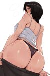  1girl absurdres ass ass_focus black_hair black_panties bleach blush breasts commentary english_commentary from_behind hair_between_eyes highres huge_ass kuchiki_rukia looking_at_viewer looking_back medium_breasts meeko_illus panties purple_eyes shiny_skin short_hair simple_background solo sweat underwear undressing very_sweaty white_background 