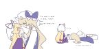  ... 2girls blonde_hair bow closed_eyes dress english_text hair_bow hand_on_another's_chin hat hat_bow hat_ribbon height_difference hugging_object long_hair long_sleeves looking_at_another lying mob_cap multiple_girls no_noru on_side pillow pillow_hug purple_bow purple_dress red_bow red_ribbon ribbon shirt simple_background sleeping too_literal touhou watatsuki_no_toyohime white_background white_hat white_shirt yakumo_yukari yuri 