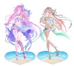  2girls absurdres bikini breasts cleavage comiket_108 commentary_request cyrene_(demiurge)_(honkai:_star_rail) cyrene_(honkai:_star_rail) diamond-shaped_pupils diamond_(shape) firefly_(honkai:_star_rail) flower grey_hair hair_flower hair_ornament highres honkai:_star_rail honkai_(series) long_hair looking_at_viewer medium_breasts min_a multicolored_eyes multiple_girls navel pink_hair platform_sandals purple_eyes purple_hair sandals sarong simple_background smile stomach swimsuit symbol-shaped_pupils thigh_strap thighs two-tone_eyes veil very_long_hair white_background white_bikini white_hair white_sarong white_veil 