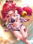  1girl absurdres arm_support ass_visible_through_thighs bandaged_arm bandages beach bell berrycrepe bikini black_bow black_headdress black_nails bow breasts cleavage fingerless_gloves gloves hair_bell hair_bow hair_ornament highres indie_virtual_youtuber long_hair medium_breasts multicolored_bikini navel ponytail purple_bikini purple_eyes red_hair sartorial_line shihir09 soaking_feet solo squid_girl suction_cups swimsuit tentacle_hair tentacles thighs two-tone_bikini very_long_hair virtual_youtuber water white_bikini x_hair_ornament 