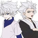  2boys absurdres black_kimono bleach blue_eyes color_connection commentary_request crossover green_eyes hair_color_connection haori highres hitsugaya_toushirou hunter_x_hunter japanese_clothes killua_zoldyck kimono korean_commentary layered_sleeves male_focus messy_hair multiple_boys n_(nauki_11) spiked_hair taichou_haori white_hair white_kimono 