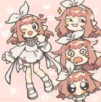  1girl @_@ blue_eyes blush borrowed_character brown_hair clothing_cutout commentary commission dot_nose dress drooling english_commentary full_body hairband heart highres loose_socks mary_janes medium_hair mouth_drool multiple_expressions one_eye_closed original pointy_ears polka_dot polka_dot_background second-party_source shoes shoulder_cutout socks sparkle sparkling_eyes standing standing_on_one_leg umiko_zzz white_dress white_hairband white_shoes white_socks 