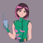  1girl aeug breasts brown_hair cup drinking_straw emma_sheen gloves green_eyes green_gloves grey_background gundam highres holding holding_cup medium_breasts medium_hair military_uniform science_fiction sleeveless solo zawabug zeta_gundam 
