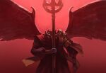  1boy absurdres black_robe black_wings commentary dokomon elden_ring feathered_wings glowing glowing_eye gradient_background highres holding holding_staff long_sleeves looking_at_viewer male_focus mohg_lord_of_blood pink_background puffy_long_sleeves puffy_sleeves red_background red_eyes robe solo staff wings 