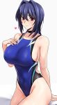  1girl black_choker blue_hair blue_one-piece_swimsuit blush breasts choker collarbone commentary_request competition_swimsuit covered_nipples cowboy_shot dated hair_between_eyes hair_intakes heart highleg highres kasumi_(halcon) large_breasts looking_at_viewer mole one-piece_swimsuit original red_eyes short_hair sideboob signature sitting smile solo swimsuit white_background yoo_tenchi 