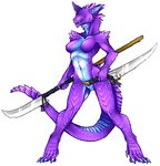  breasts dragon ear_piercing female looking_at_viewer navel piercing plain_background purple shysiren slo standing sword weapon white_background 