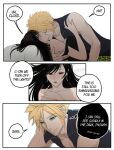  1boy 1girl absurdres artist_logo azezazel bare_shoulders black_hair black_shirt blonde_hair blue_eyes blush boy_on_top closed_mouth cloud_strife collarbone commentary couple earrings embarrassed english_commentary english_text final_fantasy final_fantasy_vii final_fantasy_vii:_advent_children hetero highres hug jewelry logo long_hair looking_at_another lying on_back open_mouth pillow red_eyes shirt short_hair signature sleeveless sleeveless_shirt speech_bubble spiked_hair teardrop_earrings thought_bubble tifa_lockhart twitter_username 