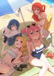  4girls absurdres alternate_costume arched_back bare_shoulders beach_mat beach_umbrella bikini blonde_hair blue_eyes blue_hair blue_one-piece_swimsuit blunt_bangs bocchi_the_rock! brand_name_imitation breasts bygin can choker cleavage collarbone commentary cooler copyright_name covered_navel crab cube_hair_ornament day double_bun english_commentary eyewear_on_head fanning_self frilled_bikini frills gotoh_hitori groin hair_between_eyes hair_bun hair_ornament hands_up heart heart-shaped_eyewear heart-shaped_pupils highres holding holding_swim_ring horizon ijichi_nijika innertube kessoku_band kita_ikuyo kneeling knees_together_feet_apart looking_at_breasts looking_up lying medium_breasts mole mole_under_eye monster_energy motion_lines multiple_girls name_tag navel new_school_swimsuit ocean on_back one-piece_swimsuit open_mouth outdoors outstretched_arm pink_hair polka_dot polka_dot_innertube raised_eyebrows red_hair sand_sculpture school_swimsuit scrunchie side_ponytail sitting small_breasts smile spill stomach striped_bikini striped_clothes sunglasses sweat swim_ring swimsuit symbol-shaped_pupils thighs tongue tongue_out umbrella water wrist_scrunchie yamada_ryo yellow-framed_eyewear 