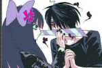  1boy 1girl anger_vein angry art_program_in_frame bakedgyul black_hair black_nails black_shirt blue_eyes blunt_bangs blush bow clip_studio_paint clip_studio_paint_(medium) closed_mouth collarbone commentary_request hair_over_one_eye heart heart-shaped_pupils hetero highres holding holding_sword holding_weapon interlocked_fingers jewelry jitome korean_commentary long_sleeves looking_at_another looking_at_viewer loose_hair_strand multicolored_eyes multicolored_hair necklace oc_x_canon one_eye_covered original own_hands_together panty_&amp;_stocking_with_garterbelt pink_eyes pink_streaks purple_bow rejected_kiss screenshot shirt short_hair short_sleeves simple_background stocking_(psg) straight_hair streaked_hair stripe_i_&amp;_ii_(psg) sweat sword symbol-shaped_pupils two-tone_eyes two-tone_hair weapon white_background yellow_eyes yellow_pupils 