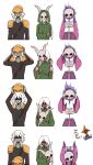  2boys 2girls absurdres aki_(xdd) animal_skull armor bad_id bad_pixiv_id bandages breasts cloak colored_skin dark-skinned_female dark_skin disembodied_head english_text fire flaming_head flaming_skull green_cloak green_skin headless helmet highres long_hair multiple_boys multiple_girls purple_fire red_eyes removing_headwear shoulder_armor simple_background skeleton skull skull_on_head slay_the_spire slay_the_spire_2 solid_eyes the_ironclad_(slay_the_spire) the_necrobinder_(slay_the_spire) the_regent_(slay_the_spire) the_silent_(slay_the_spire) unworn_headgear unworn_headwear unworn_helmet white_background white_hair 