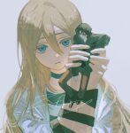  1boy 1girl bandaged_hand bandaged_head bandages black_hair blonde_hair blue_eyes choker hair_between_eyes highres holding hood hoodie isaac_foster jacket long_hair long_sleeves looking_at_viewer no_aid open_clothes open_jacket pants rachel_gardner satsuriku_no_tenshi shirt short_hair striped_clothes striped_shirt very_long_hair white_jacket 