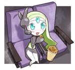  blue_eyes blush chair eating food gen_5_pokemon green_hair legendary_pokemon looking_up meloetta no_humans open_mouth pokemon pokemon_(creature) popcorn sitting 