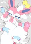 2026 anus bed bird's-eye_view blush blush_lines bodily_fluids bow_ribbon butt clitoris crossbar_emanata cute_fangs digital_drawing_(artwork) digital_media_(artwork) eeveelution emanata fangs female female_feral feral fur furniture generation_6_pokemon genitals hi_res high-angle_view japanese_description looking_at_viewer lying multicolored_body multicolored_fur narrowed_eyes nintendo on_back on_bed pawpads pink_anus pink_body pink_fur pink_pawpads pokemon pokemon_(species) presenting presenting_hindquarters presenting_vulva pupils quadruped satoumizu672 solo spread_legs spread_vulva spreading sweat sweatdrop sylveon tail teal_eyes teeth two_tone_body two_tone_fur vulva white_body white_fur white_pupils white_vulva
