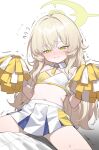  1girl alternate_costume blonde_hair blue_archive blush cheerleader embarrassed fluffy_hair girl_on_top green_eyes hair_intakes halo heoningu highres holding holding_pom_poms long_hair millennium_cheerleader_outfit_(blue_archive) pom_pom_(cheerleading) professor_niyaniya_(blue_archive) side_ahoge skirt solo_focus sports_bra straddling trembling two-tone_sports_bra white_skirt 