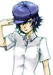  bad_id bad_pixiv_id blue_hair buttons cabbie_hat garutaisa hair_over_one_eye hand_on_headwear hat open_collar persona persona_4 purple_eyes shirogane_naoto simple_background sketch solo upper_body 